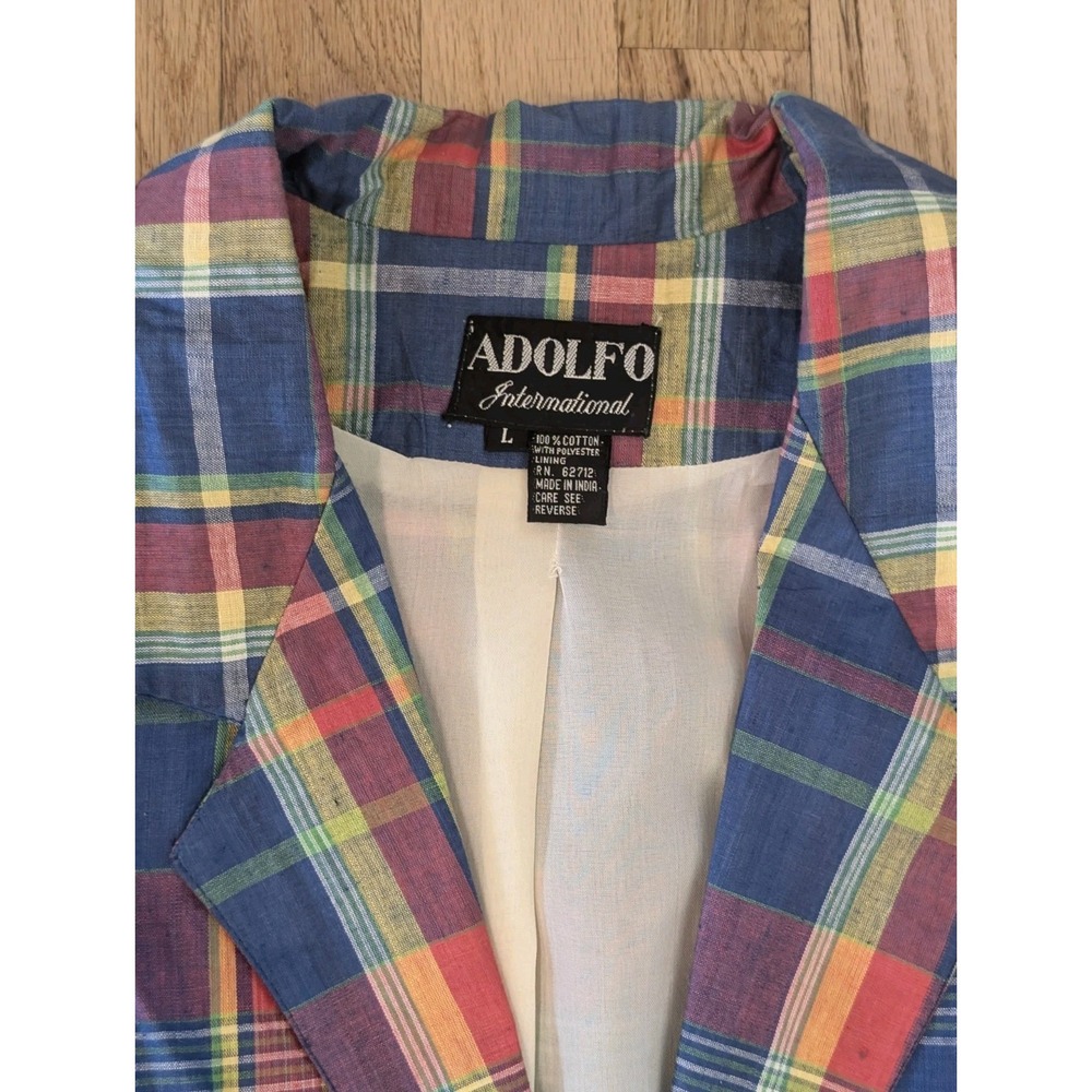 Adolfo Blazer Womens Large Plaid Preppy Oversized Blue Yellow Work Office - Picture 9 of 10